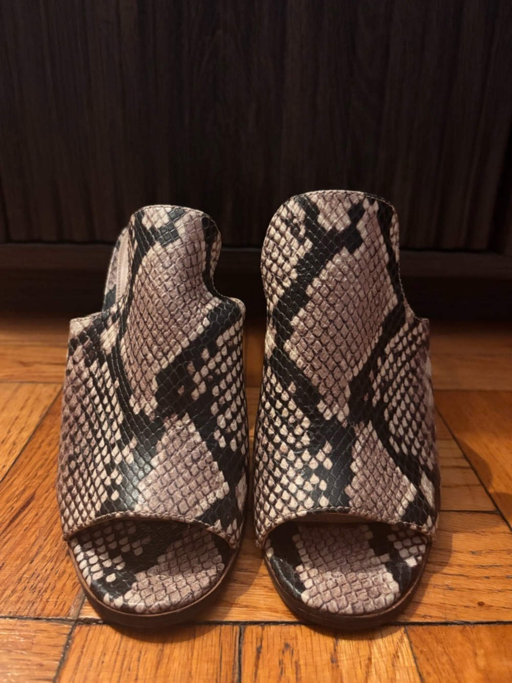 Aldo Snake-Print Open-Toe Mules in Beige and Black